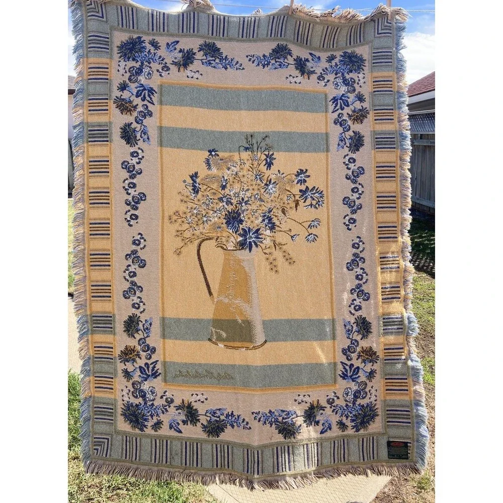 Vintage BOB TIMBERLAKE Triple Woven Fringed Throw Blanket Floral Cottagecore